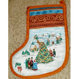 Unbranded Set Of 2 Christmas Stockings village scene tree carolers brown trim Pre-quilted
