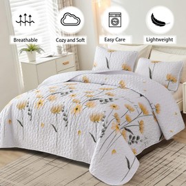 Dinjoy Quilt Set King Floral Bedspread Coverlet Yellow Quilts Bedding Microfiber Lightweight Summer Reversible Soft Farmhouse Fall Bed Cover for All Season(110"x90")