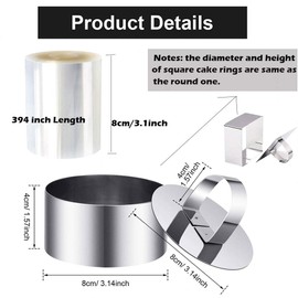 DATANYA - Paquete de 9 moldes de anillos de comida de 3.15 pulgadas con collares de 3 pulgadas, anillos de acero inoxidable redondos y cuadrados para cocinar con prensadores, rollos de hojas de