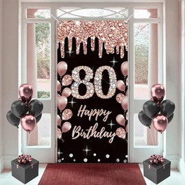 80th Birthday Decoration for Women Happy 80th Birthday Poster Door Banner Black and Rose Fabric Sign Wall/Door Banner 80th Birthday Background Banner Woman Birthday Party Welcome Sign