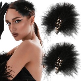 2 Pcs Feather Hair Clips Artificial Swan Ostrich Feather Pearl Fluffy Plush Hair Barrettes Ballet Style Hair Pins Accessories for Women Bride Wedding Valentine Stage Performance Headpiece (Black)