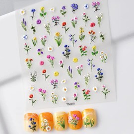 LLAOIMB Multicolor Floral 5D Embossed Nail Stickers, 1 Sheet, Spring/Summer Nail Art Stickers & Decals for Women