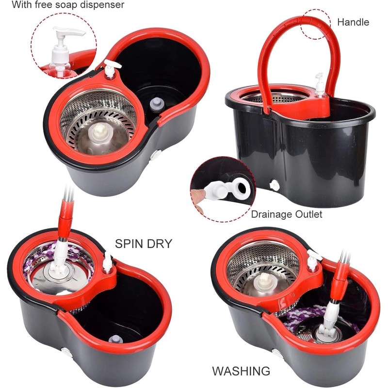 360° Spin Mop and Bucket w/wringer Set +2 Microfiber Refills