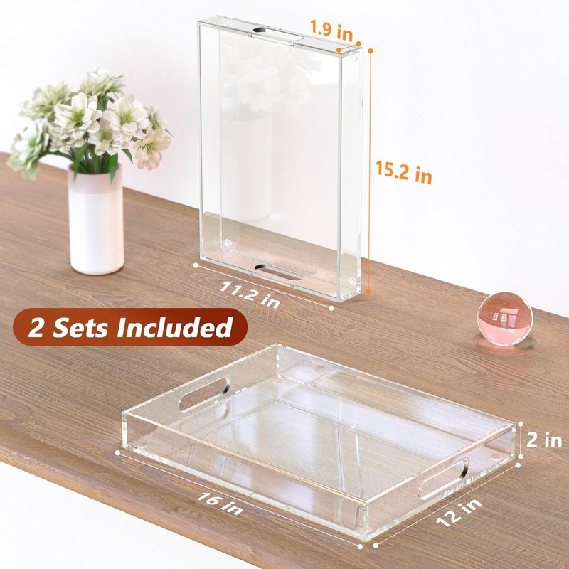 2 Pack Serving Tray with Handles, Clear Acrylic Tray for