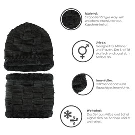 KlassMi Winter Hat with Scarf Grey Black Cashmere Imitation Beanie Knitted Hat Winter Loop Scarf for Men and Women, gray