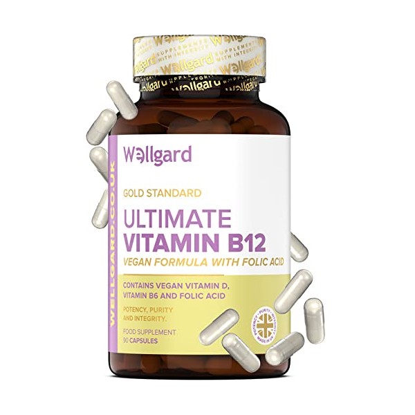 Vegan Vitamin B12 High Strength by Wellgard - Folic Acid, Vitamin B6, Vitamin D3, B12 Supplement for Men & Women, Made in UK