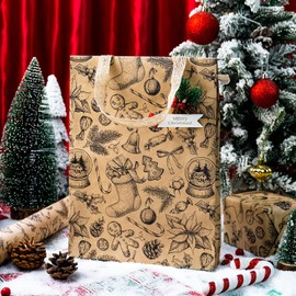 MAYPLUSS Kraft Christmas Wrapping Paper Roll, Vintage Brown Kraft Christmas Ornaments, Gingerbread Cookies & Holly Berry Design Holiday Wrapping Paper for Winter, Natural Lover (17 Inch X 33 Feet)