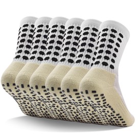 DECOVICI Kids Grip Socks 6 Pairs, Non Slip Soccer Socks for Boys Youth 12-16 Years, Sports Cushioned Crew Sock Basketball, Running(12-16 Years,6White)