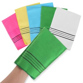 WLLHYF 5 Pcs Exfoliating Gloves, Korean Exfoliating Mitt Colorful Reusable Body Scrub Large Size Bath Washcloth for Deep Clean Dead Dry Skin Cells Removing Skin Dirt Cleaning Pores