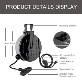 GREATIDE Retractable Extension Cord Reel, 16/3 SJTW Power Cord 30 Ft with 3 Electrical Outlets and 10 Amp Circuit Breaker, Ceiling or Wall Mount, Metal Plate, UL Listed, Grey