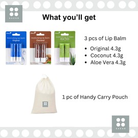 Lip Care Balm Multipack Set for Repair and Relief with Pretty Stick Lip Balm 4.3g - Original, Coconut and Aloe Vera Bundled with SAESR Handy Carry Pouch.