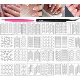 3000 Pieces French Tips Manicure Nail Art Stickers 72 Sheets 30Designs Self-Adhesive Nail Tips Guides for DIY Tools with Tweezers and Nail Pusher Rubber for Women Girls Manicure Nail Supplies