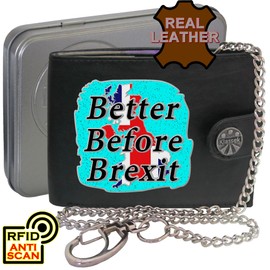 Klassek Novelty Funny Brexit Better Before Remainer EU Mens Wallet with Chain Real Leather RFID Blocking with Coin Pocket and Metal Gift Box
