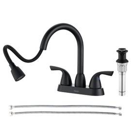 PARLOS Bathroom Sink Faucet with Pull Out Sprayer, 2 Handle Bathroom Pull Down Faucet with 360 Swivel Spout, Centerset 4 Inch Vanity Sink Faucet, Matte Black, 1.2 GPM, 1438904P