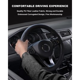 Lenkradbezug Leder, Auto Lenkradbezug Universal Anti Rutsch Atmungsaktiv Elastizität Mikrofaser Welligkeit lenkradhülle, Auto Lenkrad Schutzhülle 37-38cm Schwarz