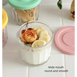 Ivymei 2 Pack Small Glass Food Jars with Lids,Overnight Oats Container,13 OZ Round Glass Storage Container for Food Portion,Dipping Sauce,Snack,Yogurt,Leakproof,Freezer Safe(pink yellow)