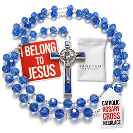 Italian Rosary with Pope Leo XIV Apostolic Blessing – Large Beads Catholic Necklace for Car Mirror, First Communion, Religious Keepsake Gift (Blue Crystal)