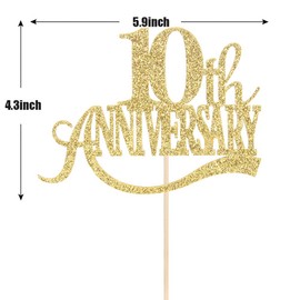 Gold Glitter 10th Anniversary Cake Topper - for 10th Wedding Anniversary / 10th Anniversary Party / 10th Birthday Party Decorations
