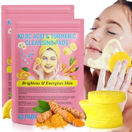 Turmeric Kojic Acid Cleansing Pads,40PCS Turmeric Cleansing Pads, Exfoliating Infused Foaming Exfoliating Enriched Vitamin C,Helps Balance Skin Oil 2pack