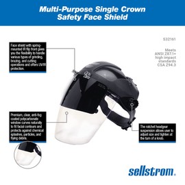 Sellstrom Multi-Purpose Single Crown Safety Face Shield with Ratchet Headgear, Clear Polycarbonate Window, Anti-Fog Coating, Shade 6 IR Flip Front Visor, Black Crown, S32161