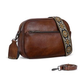 Iswee Crossbody Bags for Women Genuine Leather Shoulder Purse Satchel Bags Leather Purse and Handbags with Adjustable Guitar Strap(Coffee)