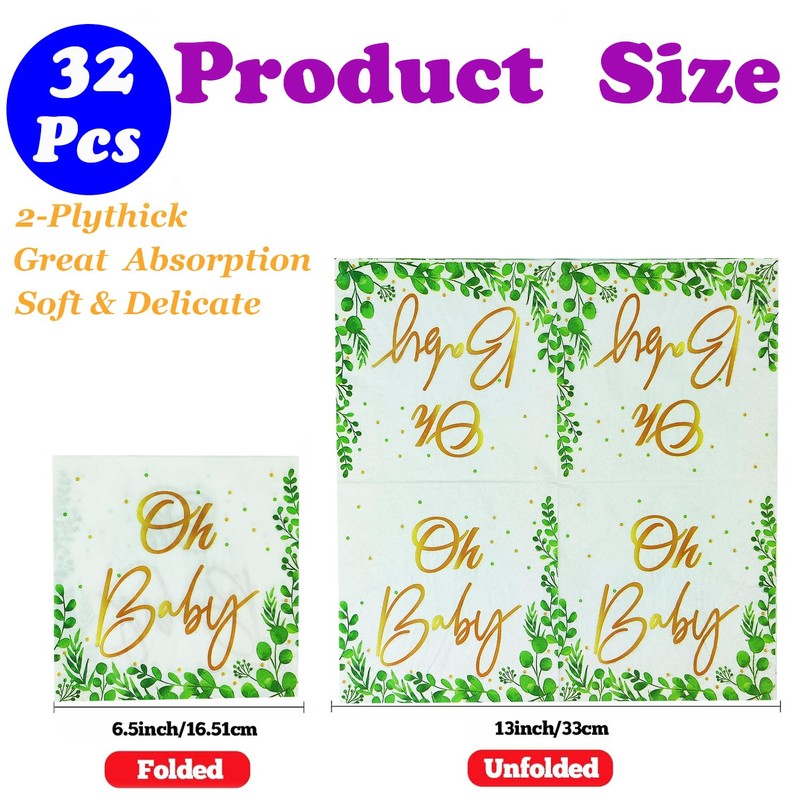 32Pcs Eucalyptus Leaf Oh Baby Napkins Sage Green 6.5in