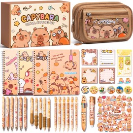 Kid School Supplies for Girls Age 5 6 7 8-12 13 14 Year Old, 36PCS Kawaii Tween Teen Girl Birthday Christmas Gift Cute Capybara Stationery Set w/Pencil Case Gel Pen Pencil Sticker Notebook Sticky Note