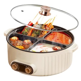 Yuidirtu Electric Hot Pot Cooker, 4 Compartment Divider Pot, 6.3QT