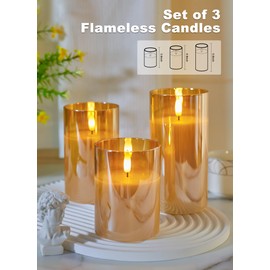 Brightown Glass Flameless Candles with Remote and Timer Function, Set of 3 Dimmable Flickering Battery Operated Candles, Real Wax LED Pillar Candles for Home Decor, Gold