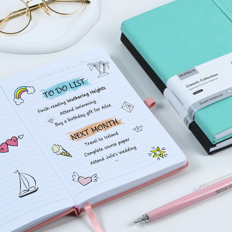 POPRUN A5 Lined Journal Notebook, PU Leather Hardback Notepad for