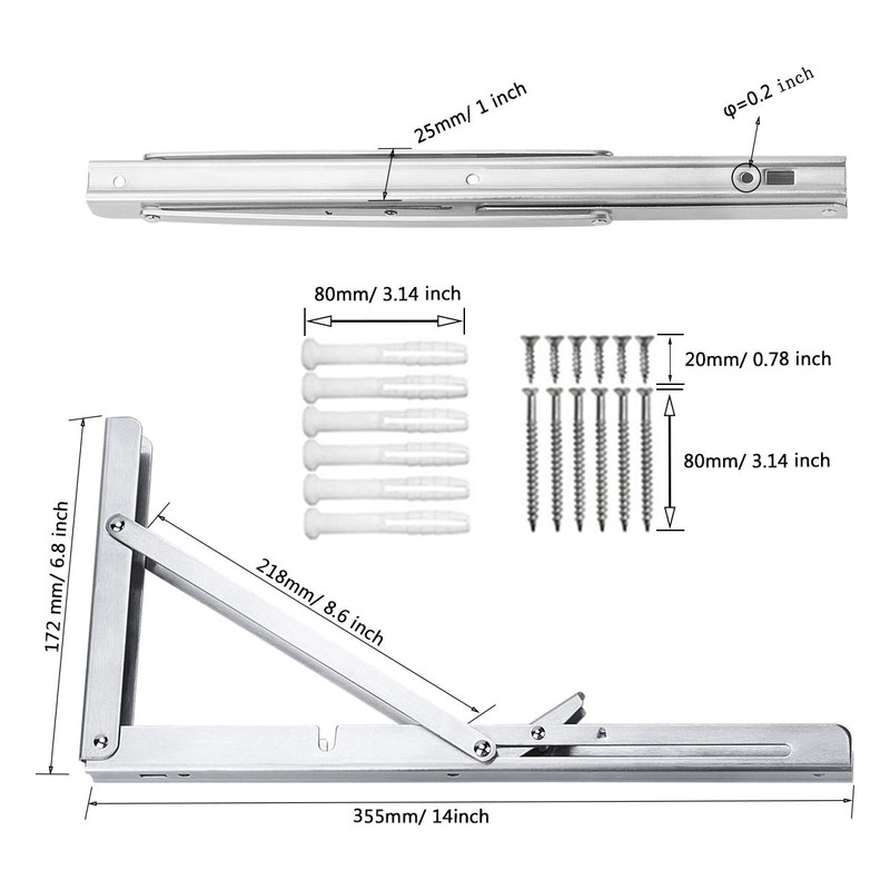 DMSL Folding Shelf Bracket 14 ", Heavy Duty Stainless Steel