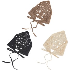CABODYALS 3Pcs 3 Colors Crochet Bandanas Headbands Beige Black Gray Vintage Knitted Head Hair Scarf Knit Lace Floral Hollow Triangle Headscarf for Women Styling Dress Bridal Wedding Party Accessories