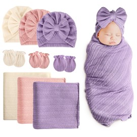DRESHOW BQUBO Newborn Receiving Blanket Hat Mittens Set for Baby, Unisex Baby Boys Girls Essentials, Newborn Registry Must Haves, Stroller Crib Shower Gifts