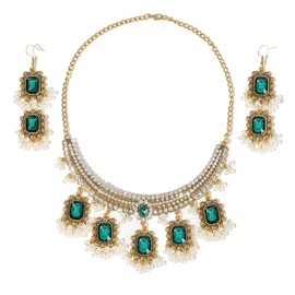 Ethnic Rectangle CZ Beaded Tassel Dangle Drop Stud Earrings Choker Necklace Set for Women Vintage Indian Traditional Fashion Antique Bollywood Jewelry for Wedding Party (Green CZ)