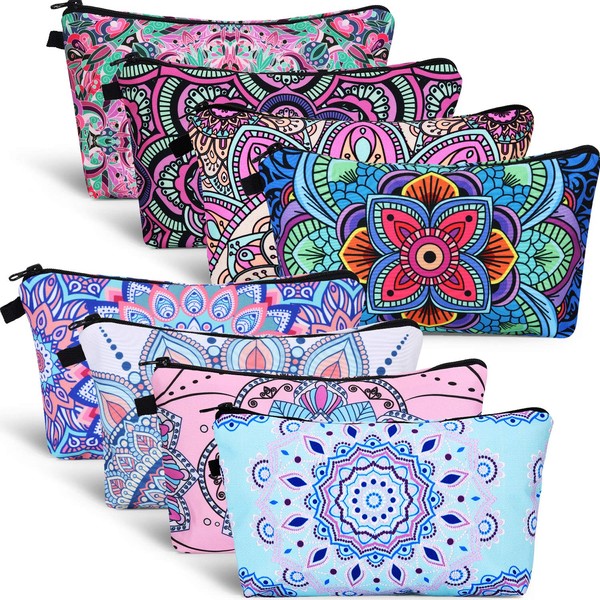 8 piezas bolsa de cosméticos bolsa de maquillaje impermeable bolsa de aseo de viaje con diseño de flores de mandala, 8 estilos (flores de mandala redondas)
