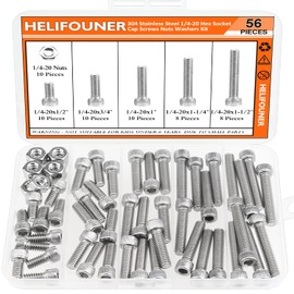 HELIFOUNER 56 Pieces 1/4-20 x 1/2 inch, 3/4 inch, 1 inch, 1-1/4 inch, 1-1/2 inch, Hex Head Cap Screws, Screws and Nuts, Coarse Thread, Fully Machine Threaded