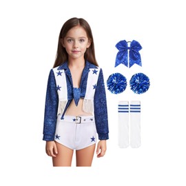 Vmyainrt Girls Cowboy Cheerleader Costume Blue Star Cheerleader Outfit for Kids Uniform Set(Blue,with accessories,10T)