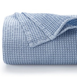 Bedsure 100% Cotton Blankets King Size for Bed - 405GSM Waffle Weave Blankets for All Seasons, Cozy and Warm, Blue Soft Lightweight Woven Knit Blankets, 104x90 inches