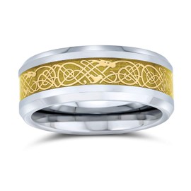 Bling Jewelry Golden Silver Two Tone Celtic Knot Dragon Inlay Couples Titanium Wedding Band Rings For Men For Women Comfort Fit 8MM