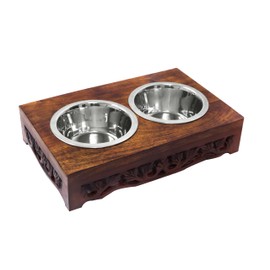 Elevated Pet Feeder for Dogs and Cats - Scroll Carved Wood Raised Dog Bowl Stand - Pet Feeding Stand with Two Steel Bowls - Raised Dog Bowl for Food and Water - Pet Feeding Station -17x11x4- IRONGATE