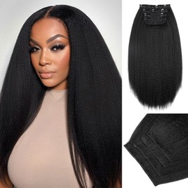 WIGNEE Kinky Straight Clip Ins Hair Extensions 4 Pcs Yaki Straight Clip Ins with Lace Weft 16 Inch Natural Black Clip In Hair Extensions Black Women Seamless Clip Ins for Black Women