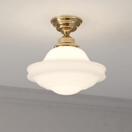VAXCEL Huntley 12 inch Semi-Flush Ceiling Light, Farmhouse Style, Schoolhouse, White Milk Glass, Natural Brass Finish, Dimmable, E26 Bulb Compatible, Damp Rated