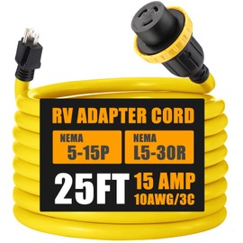 Kanayu 25ft 30 Amp to 15 Amp 110 Volt RV Adapter Cord Compatible with NEMA 5-15P to L5-30R, 3 Prong Locking Power Adapter 15A Household Male to 30A RV Female for Trailer Camper