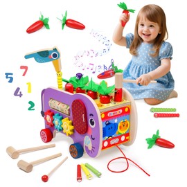 8-in-1 Wooden Montessori Toys, Shape Sorting Toy Car with Xylophone Hammering Pounding Fishing Game Carrot Harvest Preschool Educational Learning Toys Toddler Activities Gifts for Kids Baby Boys Girls