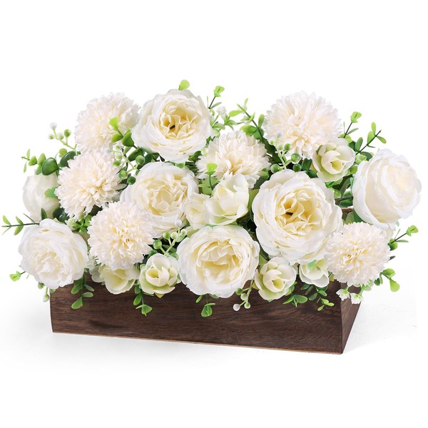 Peony Table Centerpieces Rustic Artificial Floral Arrangements Wooden Crate, Rectangular