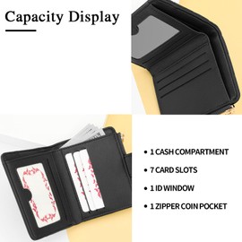 LEEXTON Small Bifold Purses for Women PU Leather Slim RFID Blocking Women's Wallet with 7 Card Slots and 1 ID Window Card Holder Organizer