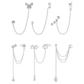 Tornito 6Pcs Cuff Earring Chain Leaf Snowflake Star Butterfly with CZ Crawler Climber Earring Studs Drop Dangling Chain Wrap Tassel Earring for Women Men 20G Silver Tone