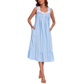 AVIIER 100% Cotton Nightgowns for Women Sleeveless Sleep Dress Ladies Gowns Sleepwear with Pockets (Blue, Medium)