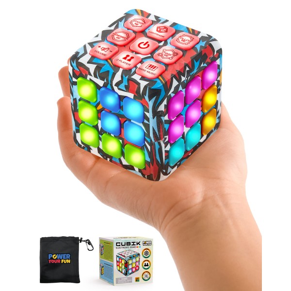 Power Your Fun Cubik LED Flashing Cube Memory Game - Electronic Handheld Game, 5 Brain Memory Games for Kids STEM Sensory Toys Brain Game Puzzle Fidget Light Up Cube Stress Relief Fidget Toy (Action)