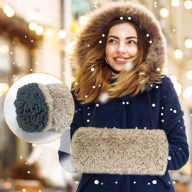 SwirlColor Faux Fur Hand Muff, Handbag, Strap Bag, Comfortable Khaki Hand Warmer for Women, Men, Children with 1 x Transparent Hook, khaki